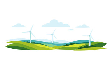 Wind turbines spinning in green hills with cloudy sky during daylight in a rural area near a small town © Mark