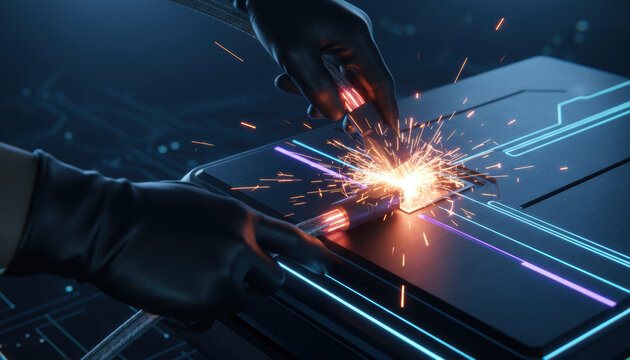 Dynamic AI spark weld generating intense energy crunch on futuristic tech plate