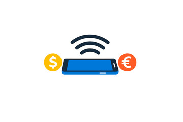 Wireless payment transfer using a smartphone in a digital transaction scenario with money symbols on either side