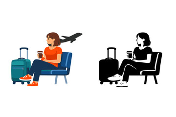 Traveling woman waits at airport with luggage and coffee as airplane flies overhead in a busy terminal setting during daytime