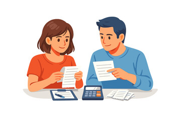 Couple reviewing bills and budgeting together at a table in their home during the afternoon
