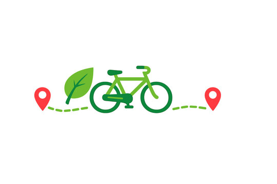 Green bicycle with location markers and a leaf for a nature route or cycling activity in a simple design context