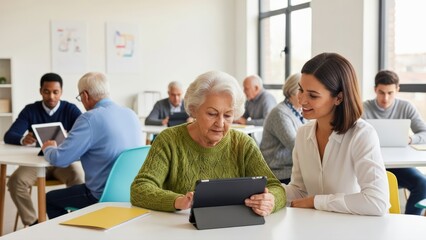 Fototapeta premium Elderly woman learning digital tablet skills receives patient instruction from tutor in bright modern classroom setting