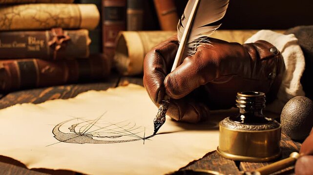 Elegant Quill Pen Writing on Parchment with Vintage Inkwell and Old Books
