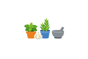 Fototapeta premium Herbs, garlic, and a mortar sit together on a table in a kitchen setting during daytime