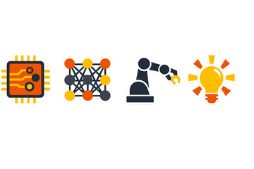 Icons representing technology concepts including microchip, neural network, robotic arm, and light bulb in a modern design