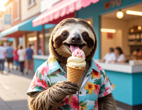 Faultier im Hawaihemd leckt ein Eis vor einer Eisdiele