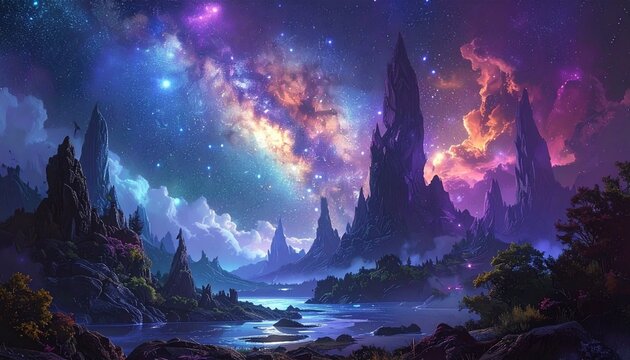 Mystical Fantasy Landscape with Floating Mountains and Cosmic Aurora Sky at Night