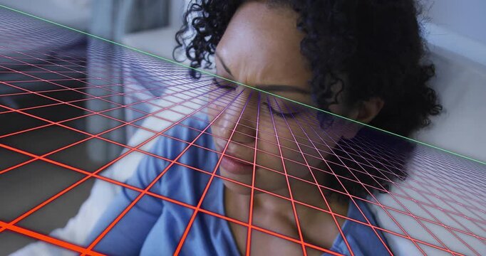 Animation of moving grid pattern over sick african american woman lying on bed at hospital