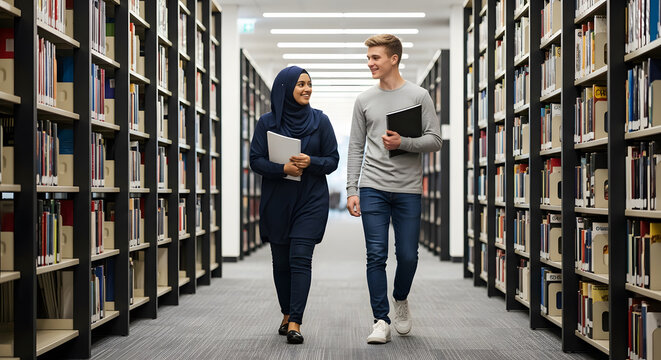 Two diverse university students walking and talking in a long li