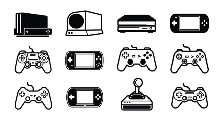 Collection of black and white video game consoles and controllers © MdNirob