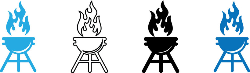 Four Grill Icons with Flames on Transparent Background