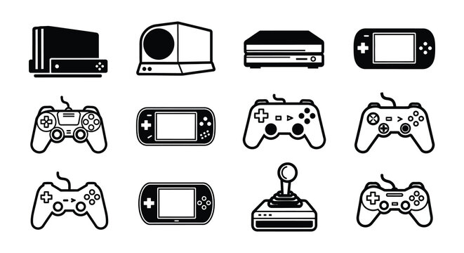 Collection of black and white video game consoles and controllers