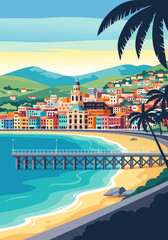 Fototapeta premium Charming coastal town vector illustration with a picturesque pier, sandy beach, and rolling green hills under a clear blue sky