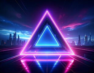 Neon triangular portal opens to futuristic city, vibrant colors