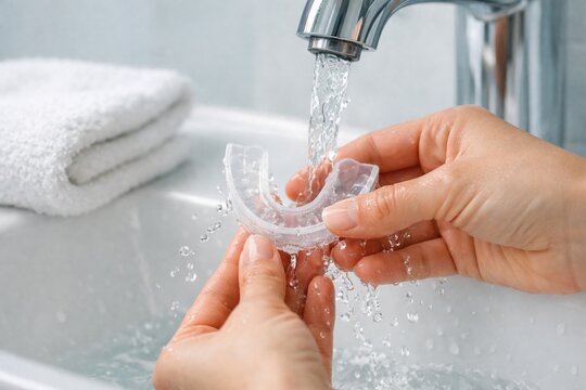 Hands rinsing clear dental retainer under running water at bathroom sink with clean towels nearby. image represents oral hygiene, daily care routine, cleanliness and dental health