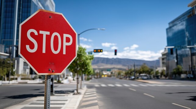 Red stop road sign at urban street intersection with modern buildings and clear blue sky. image represents traffic safety, regulation, control and urban infrastructure