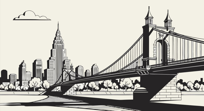 New York City skyline with Brooklyn Bridge and skyscrapers, vector illustration in black and white style, representing urban architecture and city life