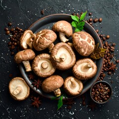 Shiitake mushrooms on a plate with coffee beans, spices, dark background