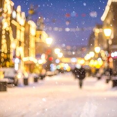 Snowy evening street scene with blurred lights and a silhouetted figure