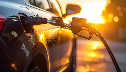 Car fueling at dusk, nozzle inserted, with warm light and golden hues