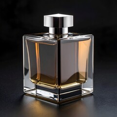 Elegant perfume bottle with a square shape and silver cap against black