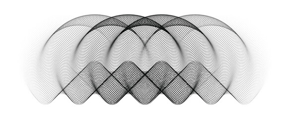 Abstract interlaced wave lines, parametric wave pattern, geometric dot mesh on white background.