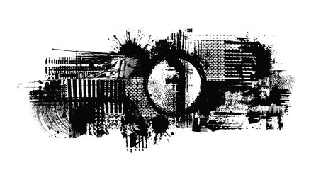 Abstract Black and white glitch grunge collage composition with distorted textures and digital noise.