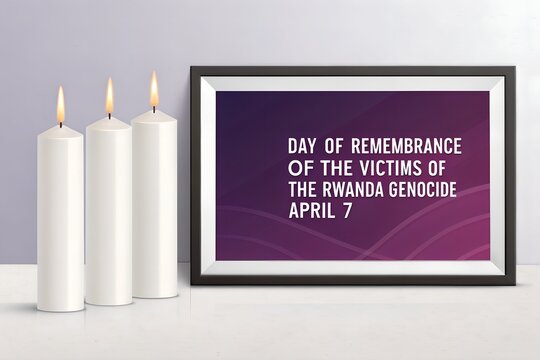 Three white memorial candles stand beside a framed picture commemorating the day of remembrance for the victims of the terrible rwanda genocide on april seven