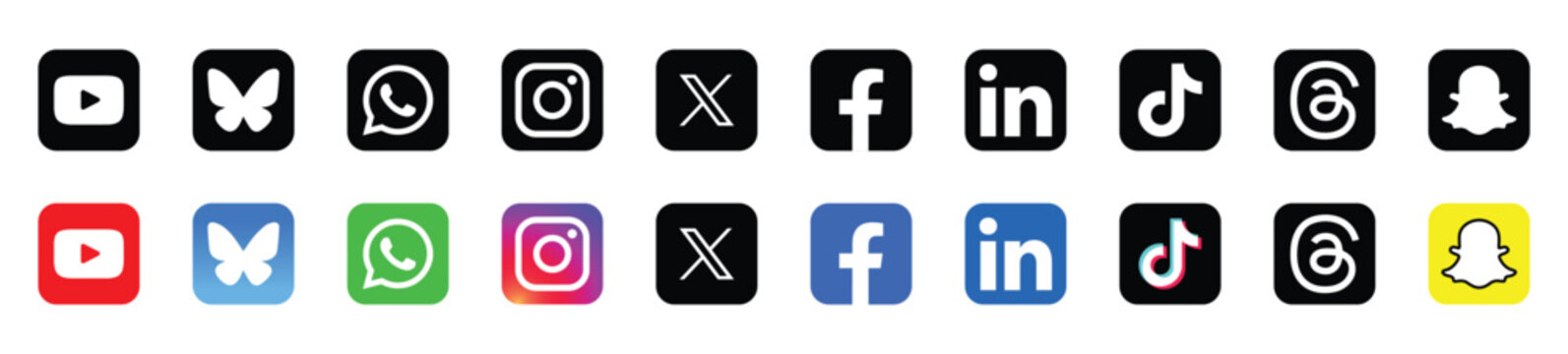 Social media icons set 2026. Social network logos. Instagram , Facebook , WhatsApp , X , YouTube , LinkedIn , SnapChat , Threads , BlueSky & TikTok. Vector buttons. vector illustration eps