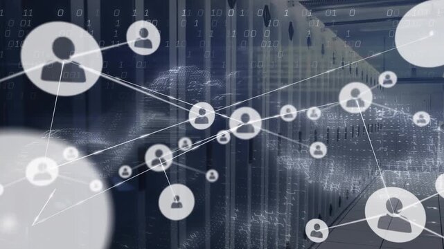 Animation of connected icons, wave pattern and binary codes against server room in background