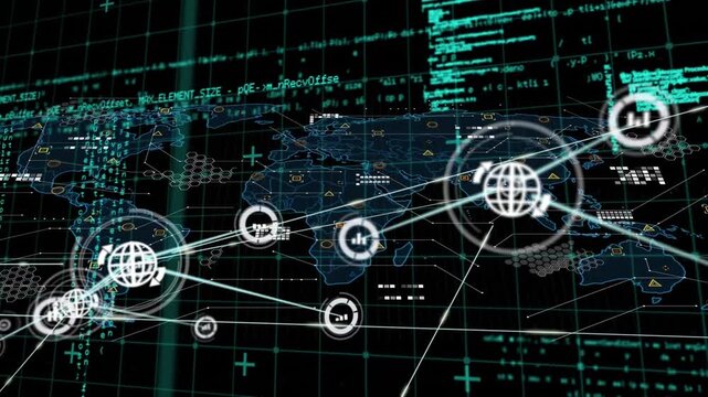 Animation of network of connections with icons over globe and grid