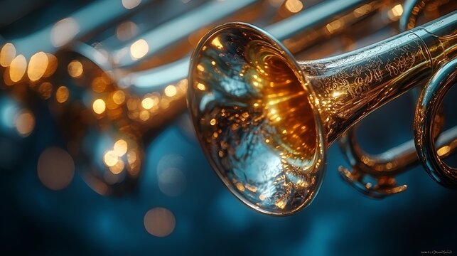 Golden trumpets in a dark concert hall
