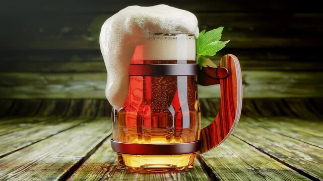 Foamy beer mug on rustic wood table. Glass with overflowing beer, green leaf. Refreshing beverage concept for advertisement.