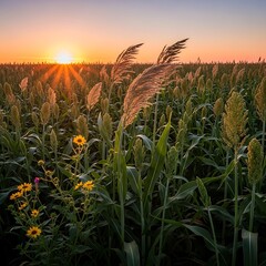 Sunset Over Sorghum Field with Wildflowers in Rural Landscape.