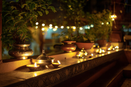 Traditional South Indian verandah decorated fully with oil lamps for Karthigai Deepam, evening lifestyle photography