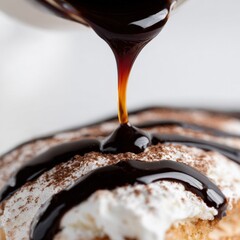 Drizzling dark chocolate syrup over whipped cream dessert topped with cocoa powder