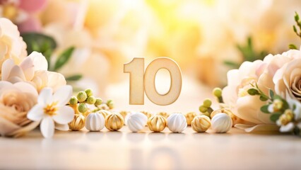 Fototapeta premium Number 10 With Flowers On Soft Bokeh Background, Elegant Floral Composition, Anniversary And Birthday Concept, Celebration Design, Greeting Card, Invitation, Branding, Marketing Banner, Copy Space