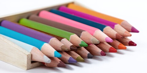Naklejka premium Vibrant colored pencils in wooden box arranged neatly