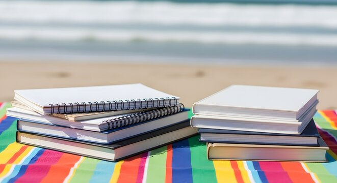 Two stacks of blank books and spiral notebooks on a colorful bea