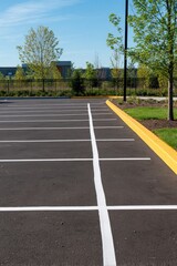 Obraz premium Empty parking lot in spring with fresh lines and trees on a sunny day