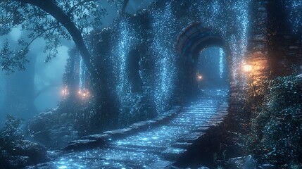 Naklejka premium Mystical forest pathway at night