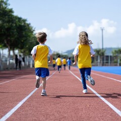 Obraz premium Children running on track in yellow sports uniforms