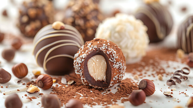Closeup of bitten chocolate truffle revealing creamy ganache filling surrounded by assorted pralines, tempting dessert macro highlighting texture and taste.


