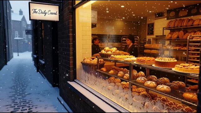 Bakery storefront display with breads pastries and snow falling outside