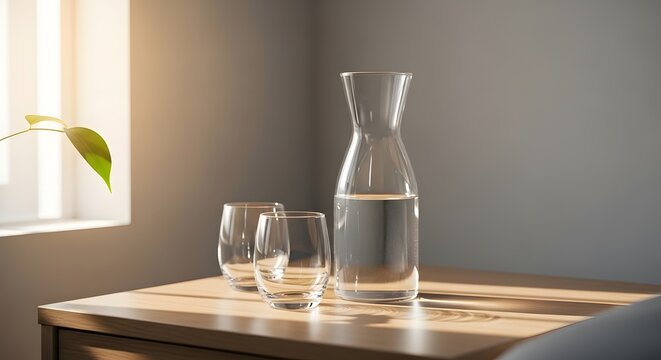Refreshing water carafe and glasses on a wooden table with soft morning light.
