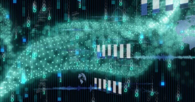 Animation of binary codes, graphs, globes and computer language over dynamic waves