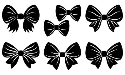 Obraz premium Collection of black and white bow illustrations displayed on a plain background from a front viewpoint