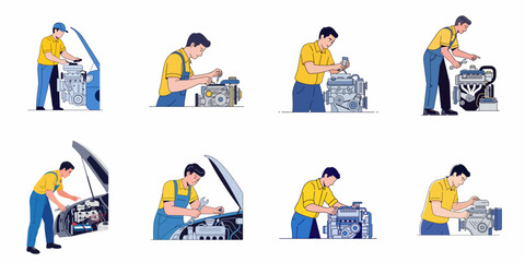 Fototapeta premium Professional auto mechanic working on car engine repair and maintenance services, set of detailed flat vector illustrations.