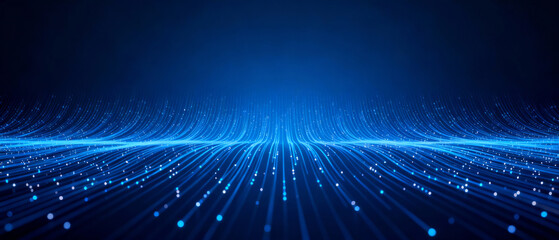 Abstract digital landscape with glowing blue particles and light trails on a dark background